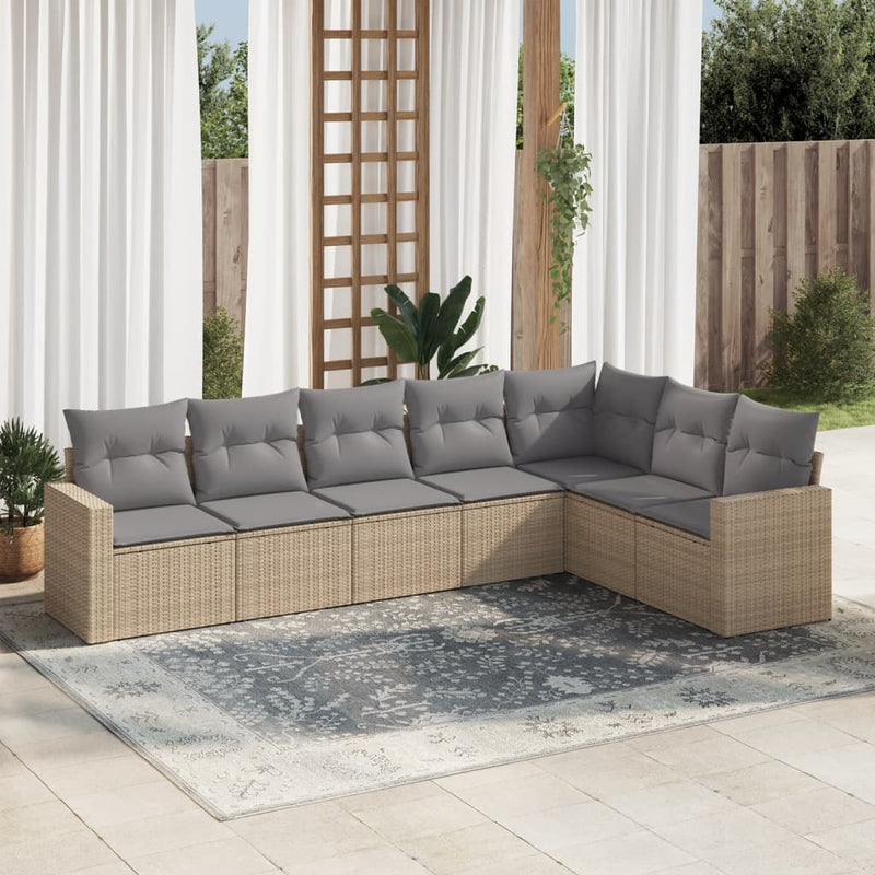 7 Piece Garden Sofa Set with Cushions Beige Poly Rattan