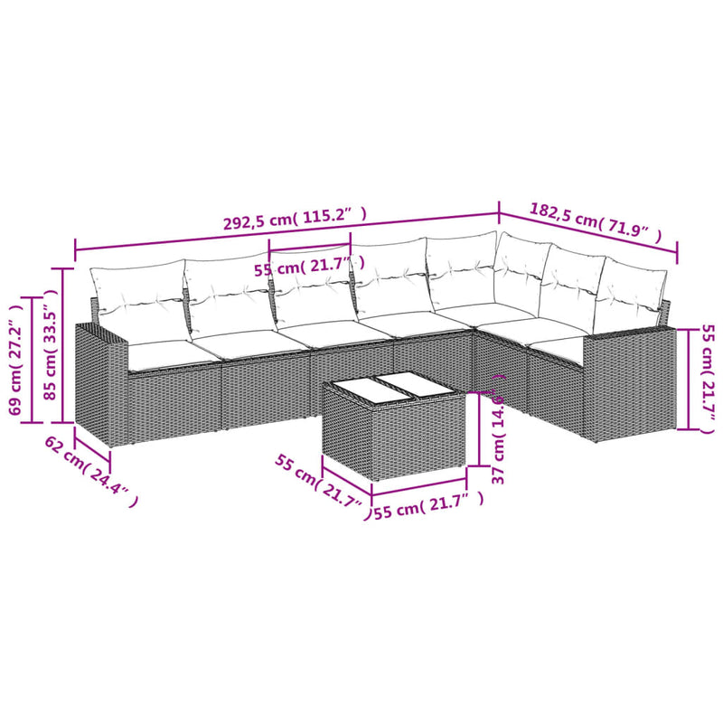 vidaXL 8 Piece Garden Sofa Set with Cushions Grey Poly Rattan