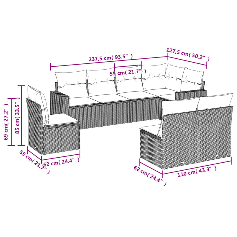 vidaXL 8 Piece Garden Sofa Set with Cushions Black Poly Rattan