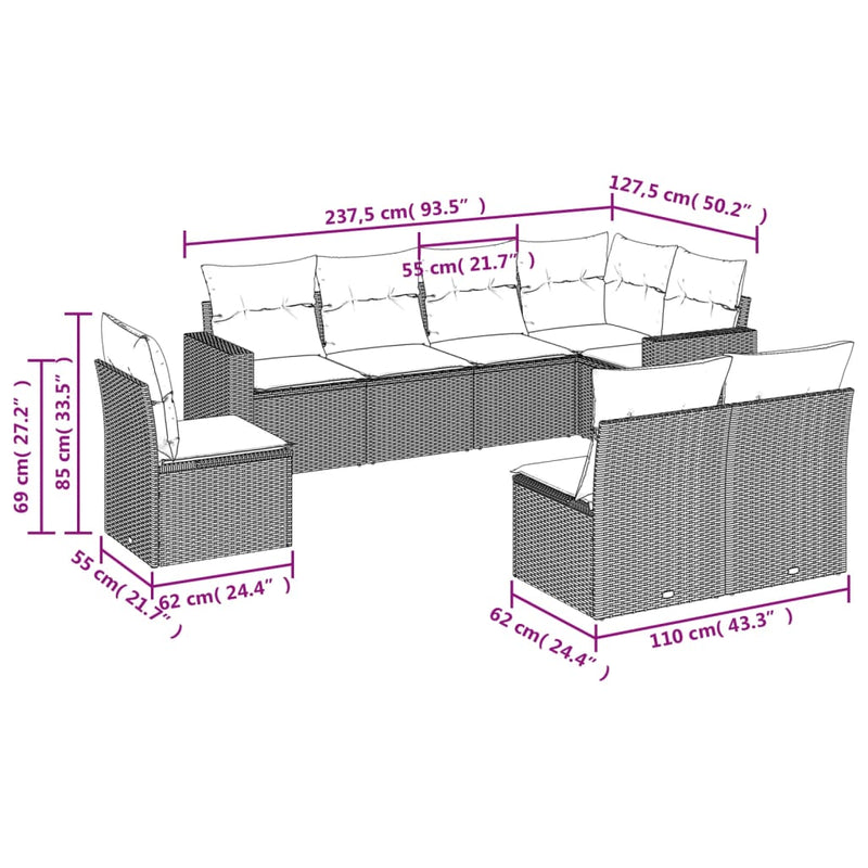 vidaXL 8 Piece Garden Sofa Set with Cushions Grey Poly Rattan