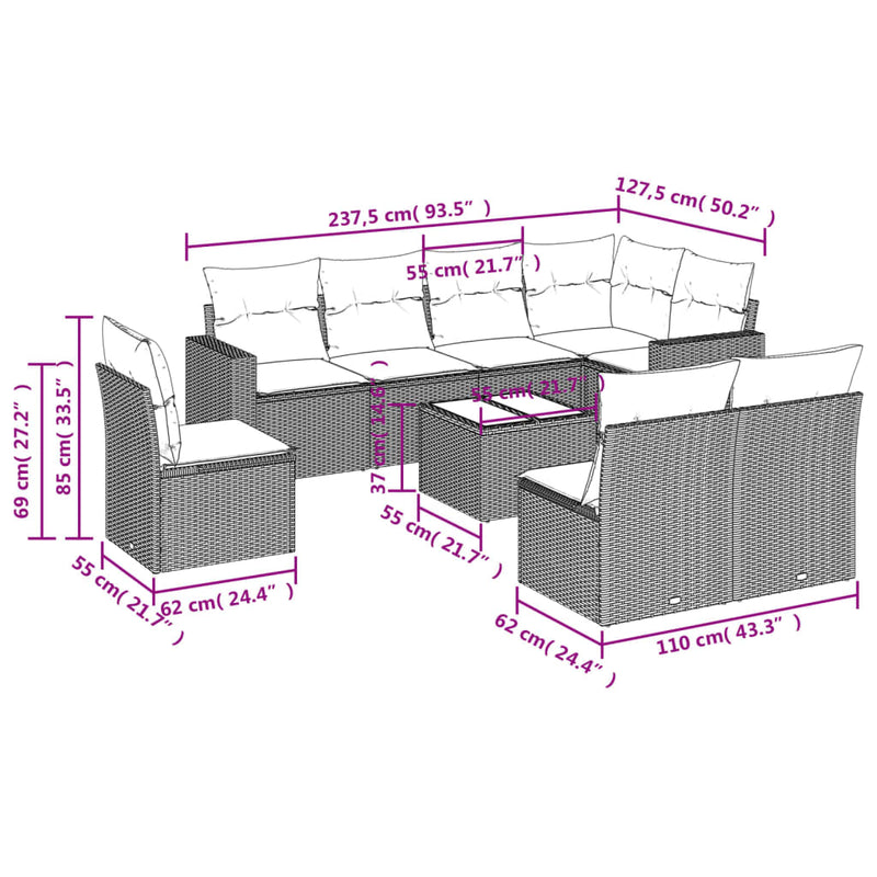 vidaXL 9 Piece Garden Sofa Set with Cushions Grey Poly Rattan