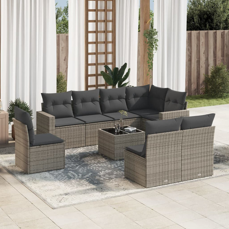 vidaXL 9 Piece Garden Sofa Set with Cushions Grey Poly Rattan