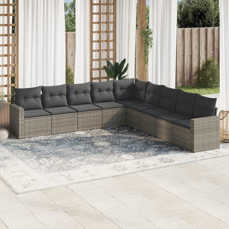 vidaXL 9 Piece Garden Sofa Set with Cushions Grey Poly Rattan