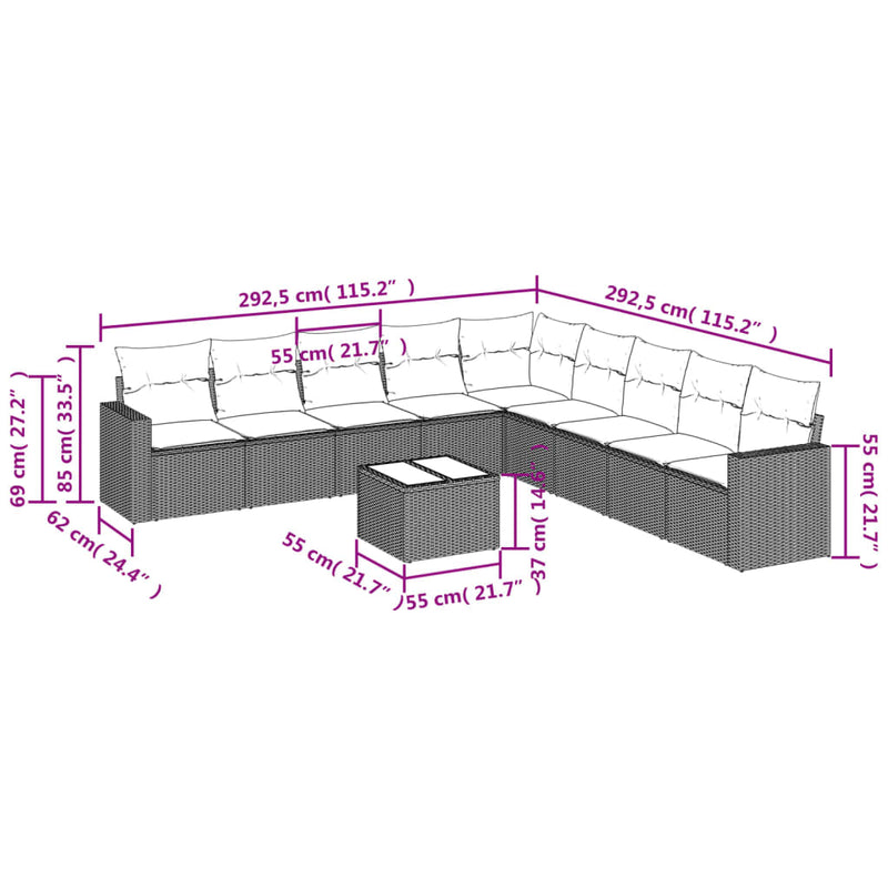 vidaXL 10 Piece Garden Sofa Set with Cushions Black Poly Rattan