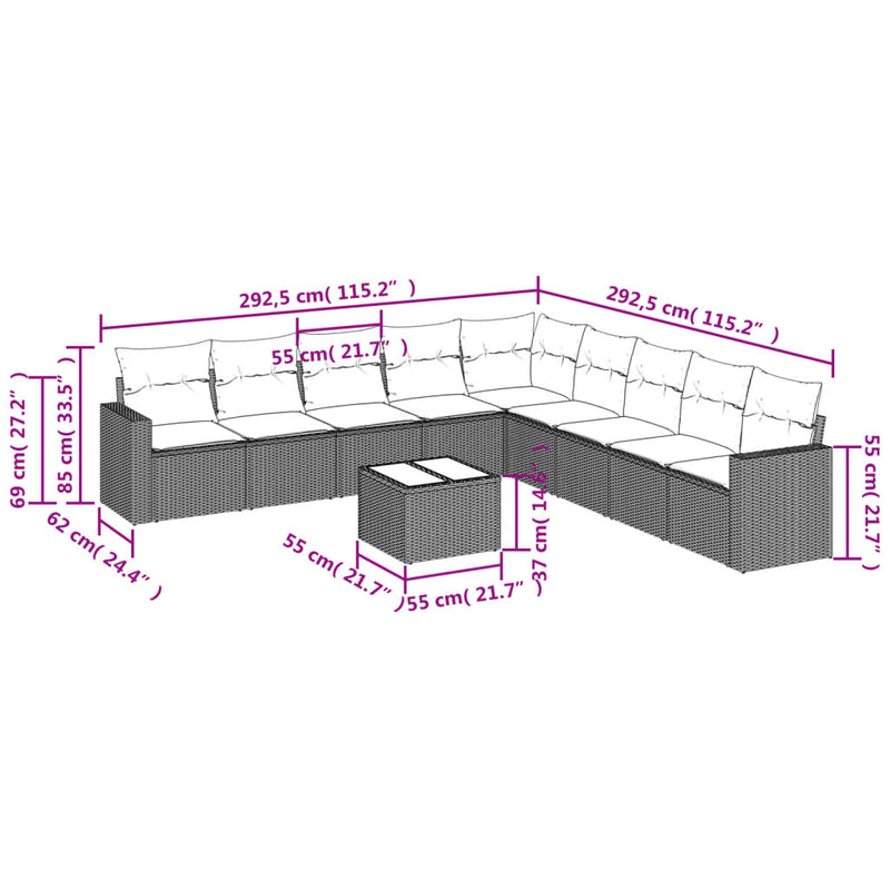 vidaXL 10 Piece Garden Sofa Set with Cushions Black Poly Rattan