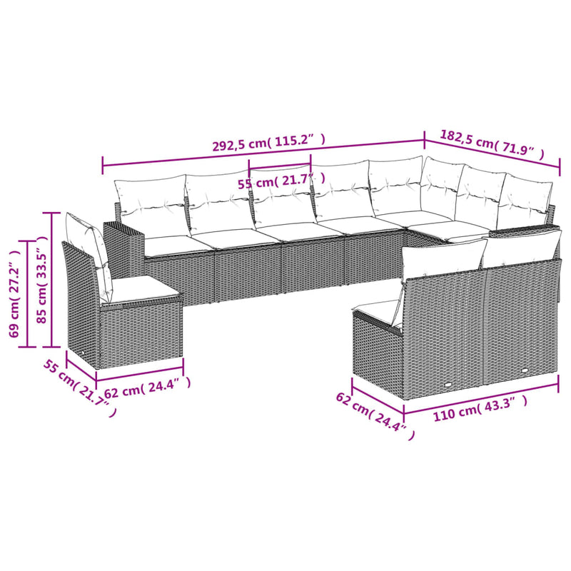 vidaXL 10 Piece Garden Sofa Set with Cushions Black Poly Rattan