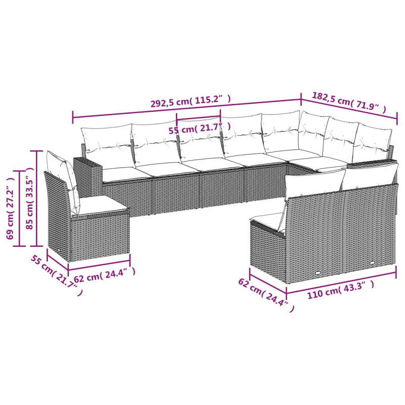 vidaXL 10 Piece Garden Sofa Set with Cushions Grey Poly Rattan