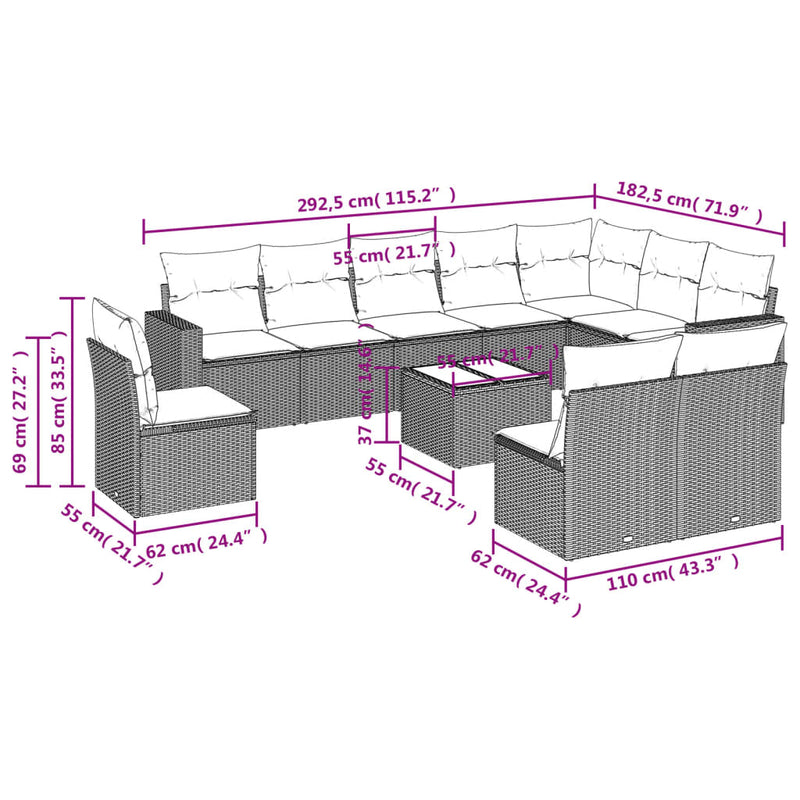 vidaXL 11 Piece Garden Sofa Set with Cushions Grey Poly Rattan