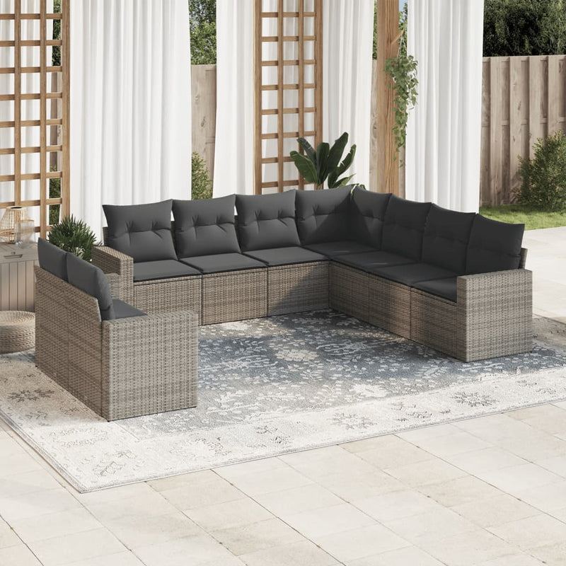 vidaXL 9 Piece Garden Sofa Set with Cushions Grey Poly Rattan