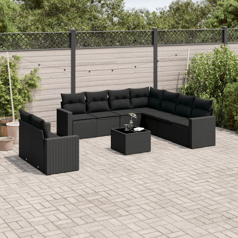 vidaXL 10 Piece Garden Sofa Set with Cushions Black Poly Rattan