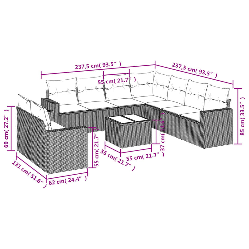 vidaXL 10 Piece Garden Sofa Set with Cushions Black Poly Rattan