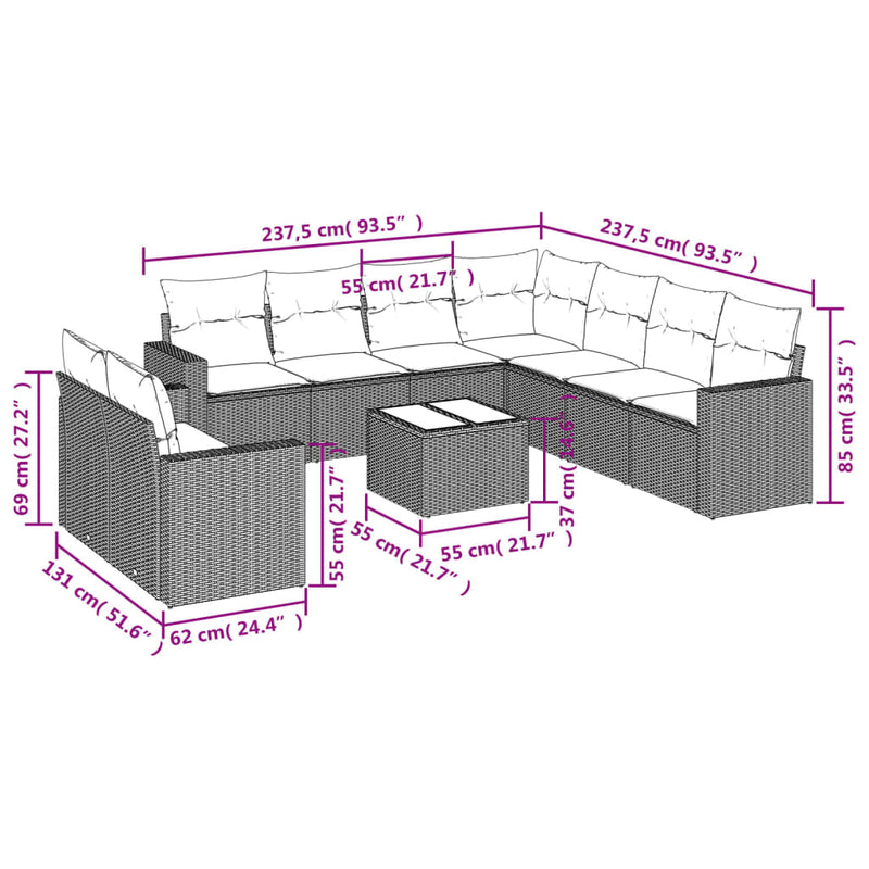 vidaXL 10 Piece Garden Sofa Set with Cushions Grey Poly Rattan