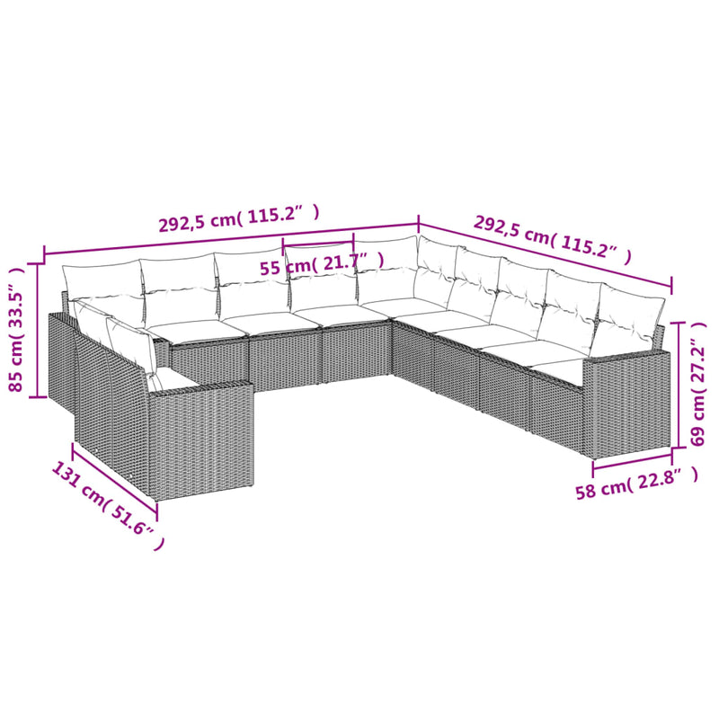 vidaXL 11 Piece Garden Sofa Set with Cushions Grey Poly Rattan