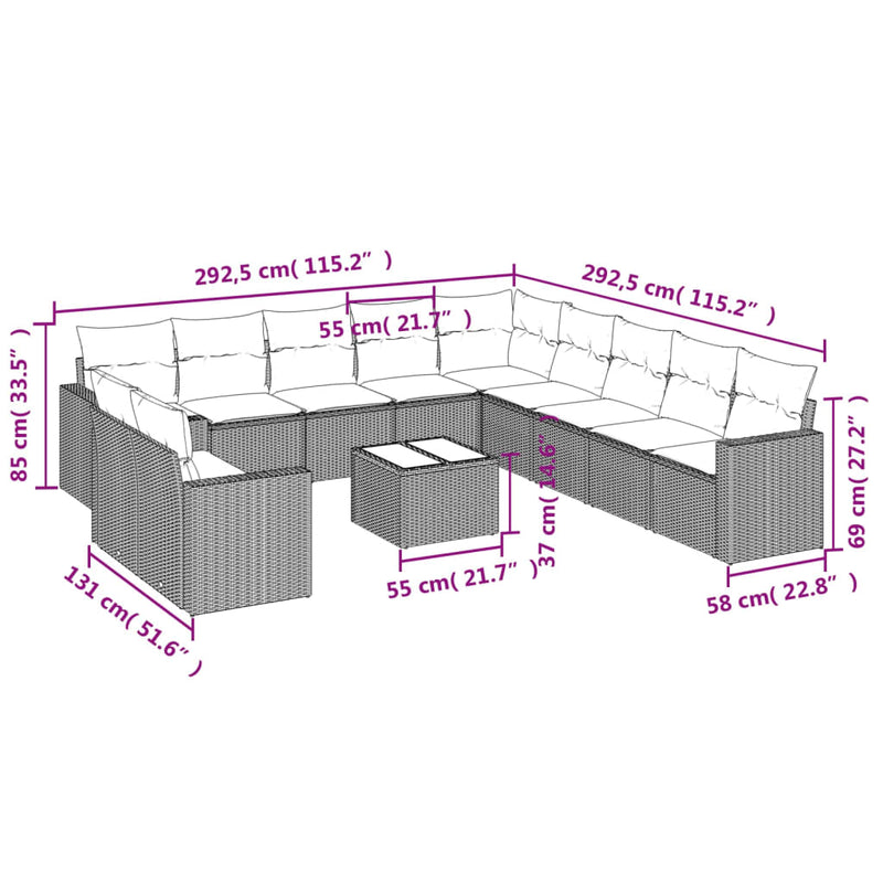 vidaXL 12 Piece Garden Sofa Set with Cushions Grey Poly Rattan
