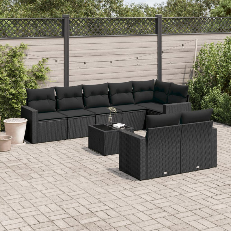 vidaXL 9 Piece Garden Sofa Set with Cushions Black Poly Rattan