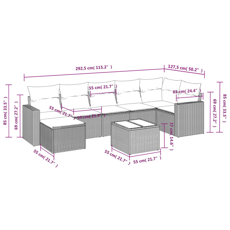 vidaXL 8 Piece Garden Sofa Set with Cushions Grey Poly Rattan
