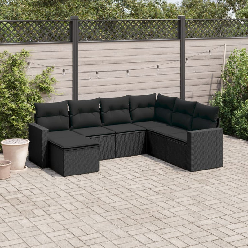 vidaXL 7 Piece Garden Sofa Set with Cushions Black Poly Rattan