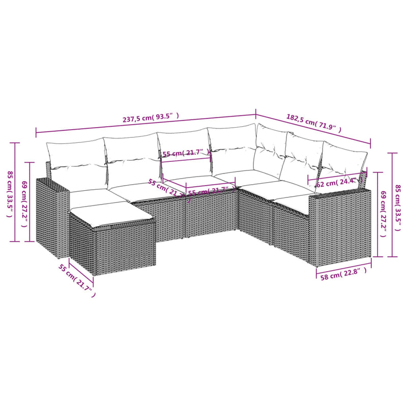 vidaXL 7 Piece Garden Sofa Set with Cushions Grey Poly Rattan