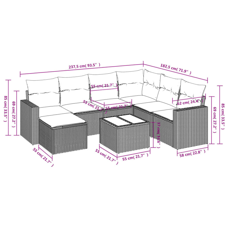vidaXL 8 Piece Garden Sofa Set with Cushions Grey Poly Rattan