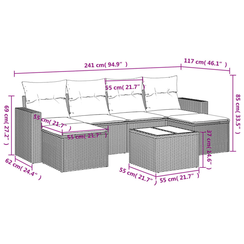 vidaXL 7 Piece Garden Sofa Set with Cushions Grey Poly Rattan