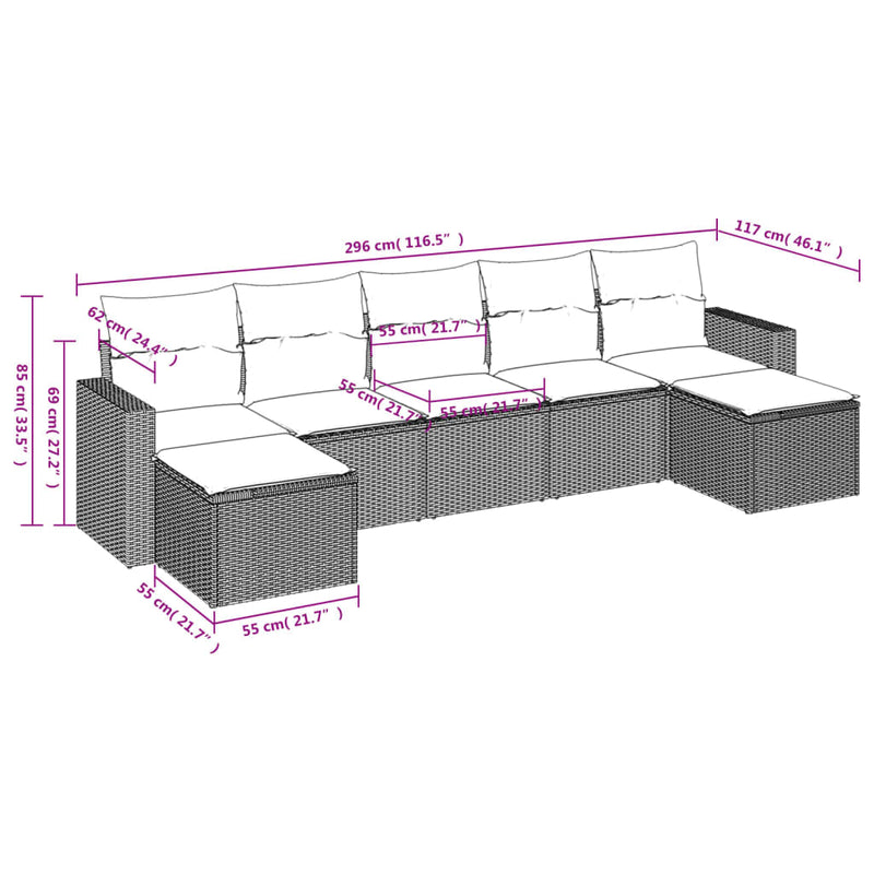 vidaXL 7 Piece Garden Sofa Set with Cushions Grey Poly Rattan