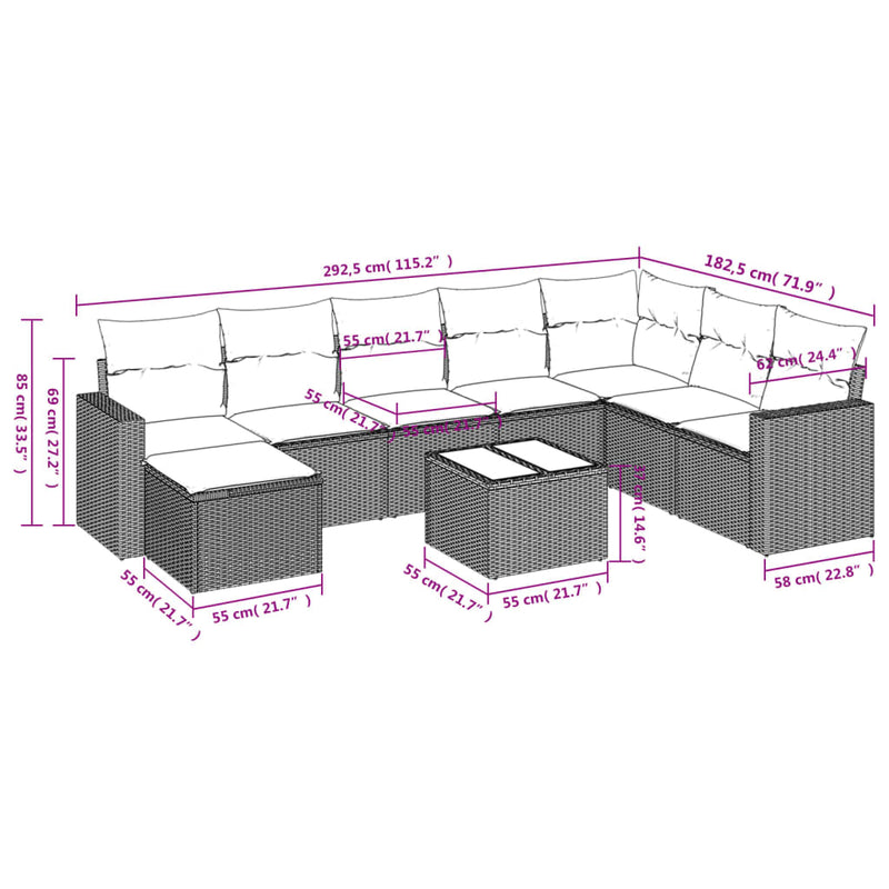 vidaXL 9 Piece Garden Sofa Set with Cushions Grey Poly Rattan