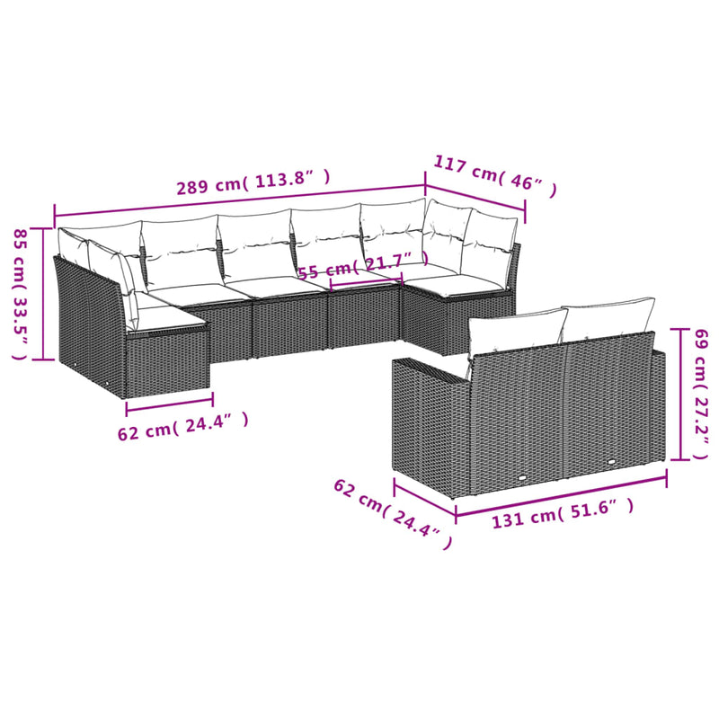 vidaXL 9 Piece Garden Sofa Set with Cushions Black Poly Rattan
