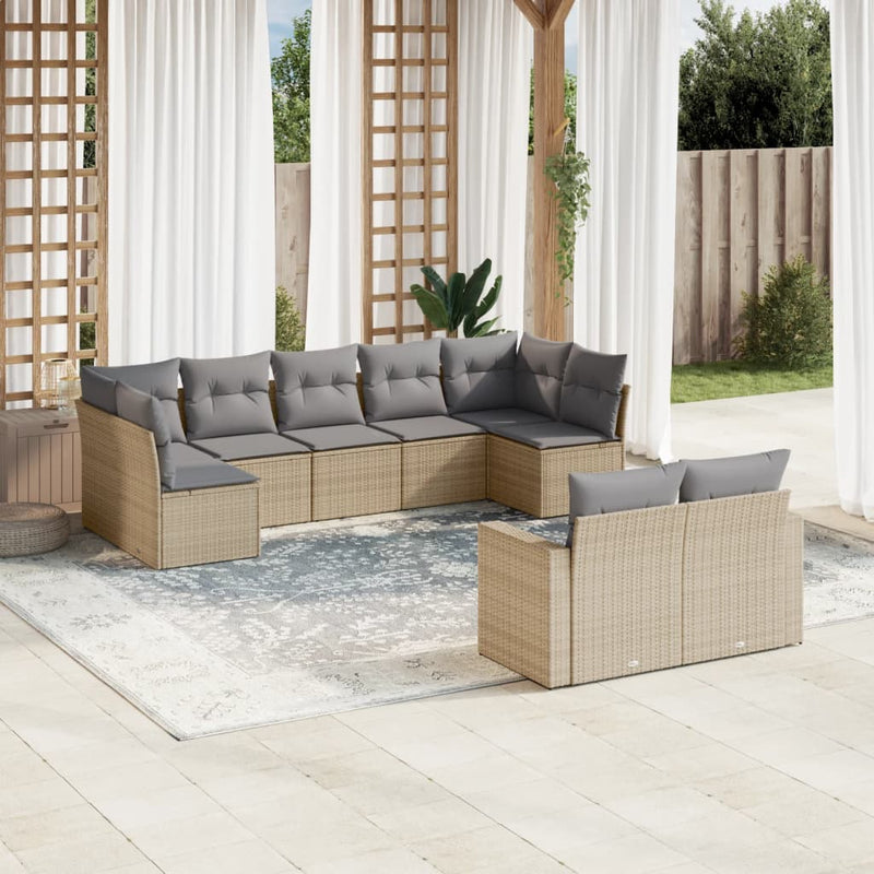 9 Piece Garden Sofa Set with Cushions Beige Poly Rattan