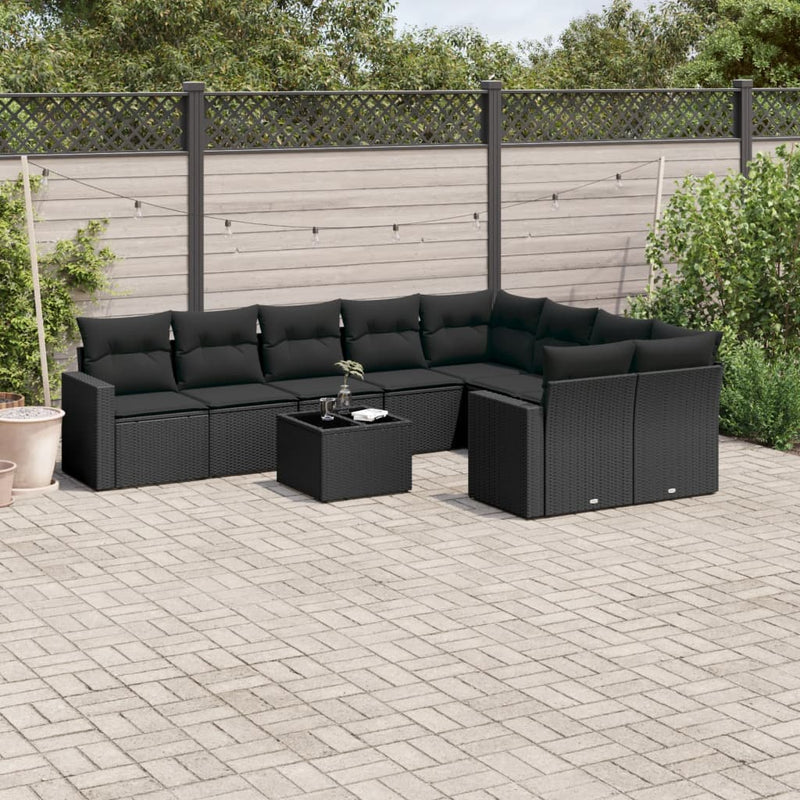 vidaXL 10 Piece Garden Sofa Set with Cushions Black Poly Rattan