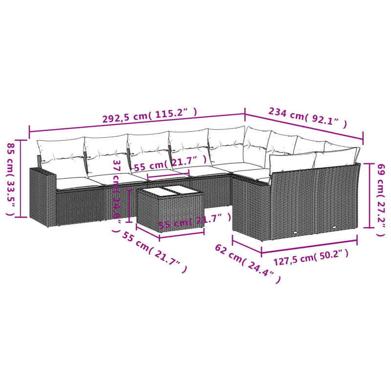 vidaXL 10 Piece Garden Sofa Set with Cushions Grey Poly Rattan