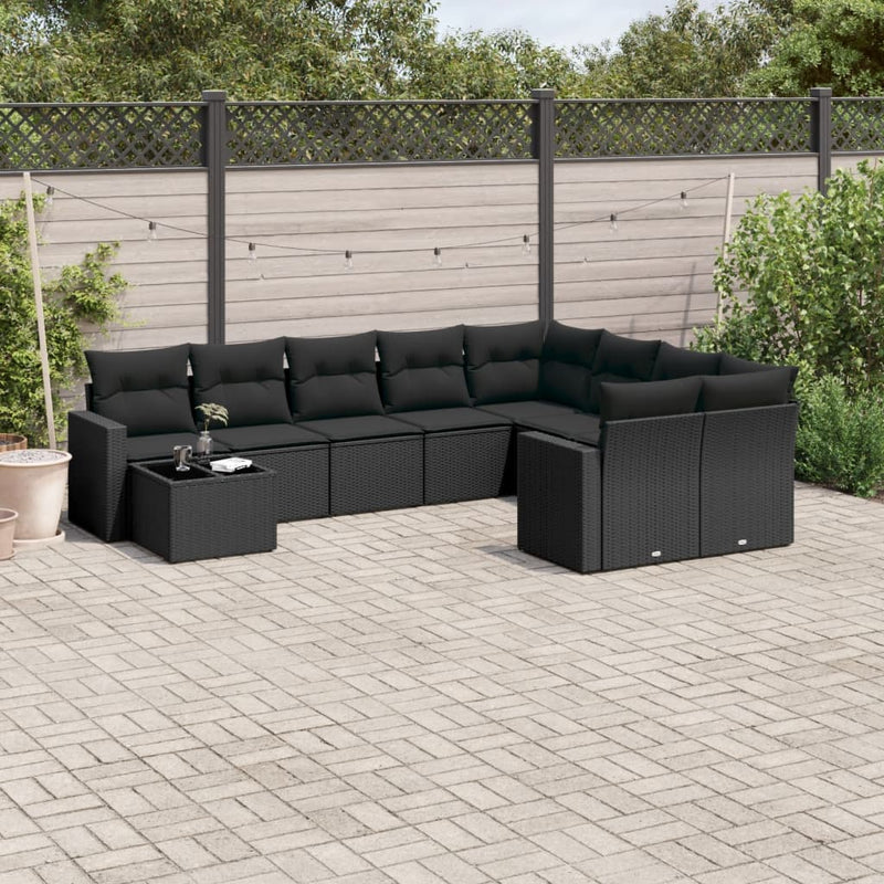 vidaXL 10 Piece Garden Sofa Set with Cushions Black Poly Rattan