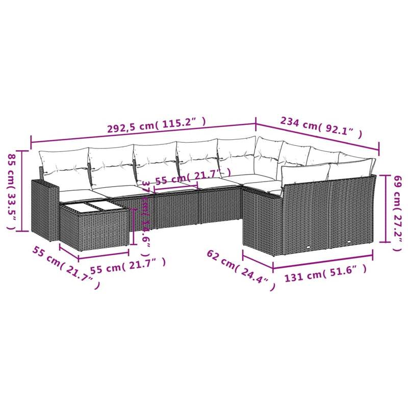 vidaXL 10 Piece Garden Sofa Set with Cushions Grey Poly Rattan