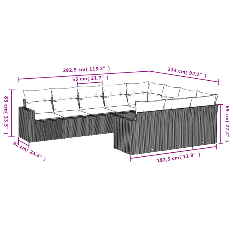 vidaXL 10 Piece Garden Sofa Set with Cushions Grey Poly Rattan