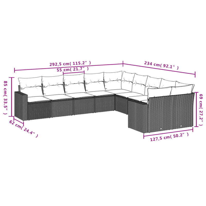 vidaXL 10 Piece Garden Sofa Set with Cushions Black Poly Rattan