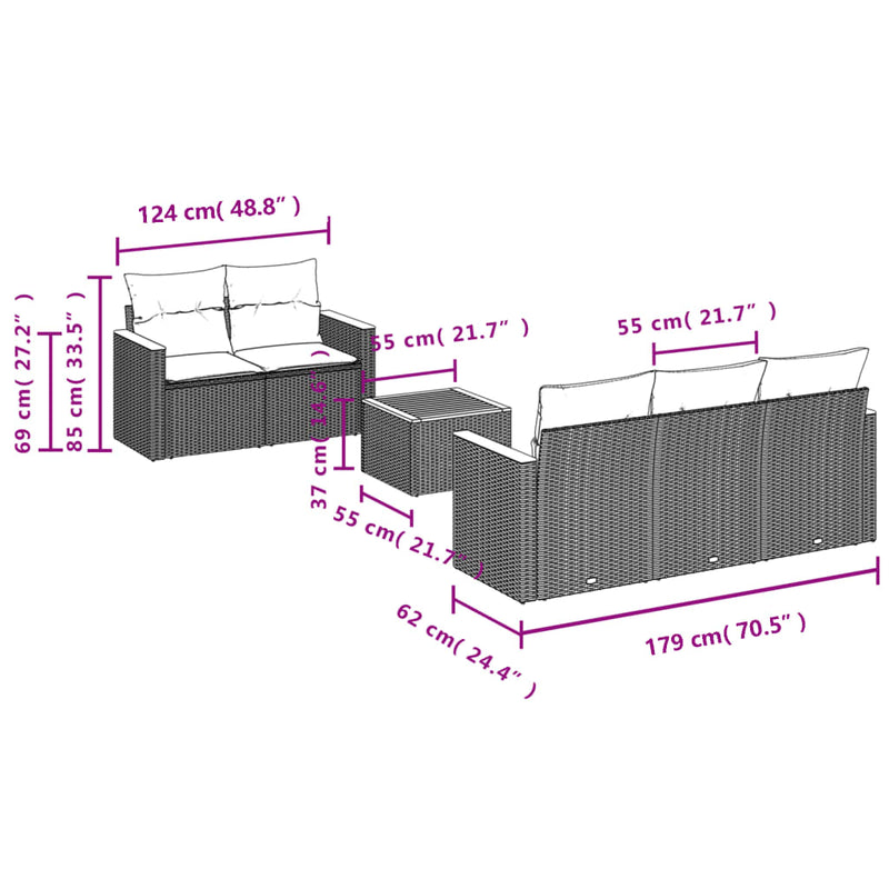 vidaXL 6 Piece Garden Sofa Set with Cushions Grey Poly Rattan