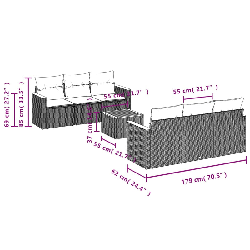 7 Piece Garden Sofa Set with Cushions Grey Poly Rattan