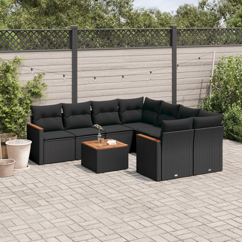 vidaXL 9 Piece Garden Sofa Set with Cushions Black Poly Rattan