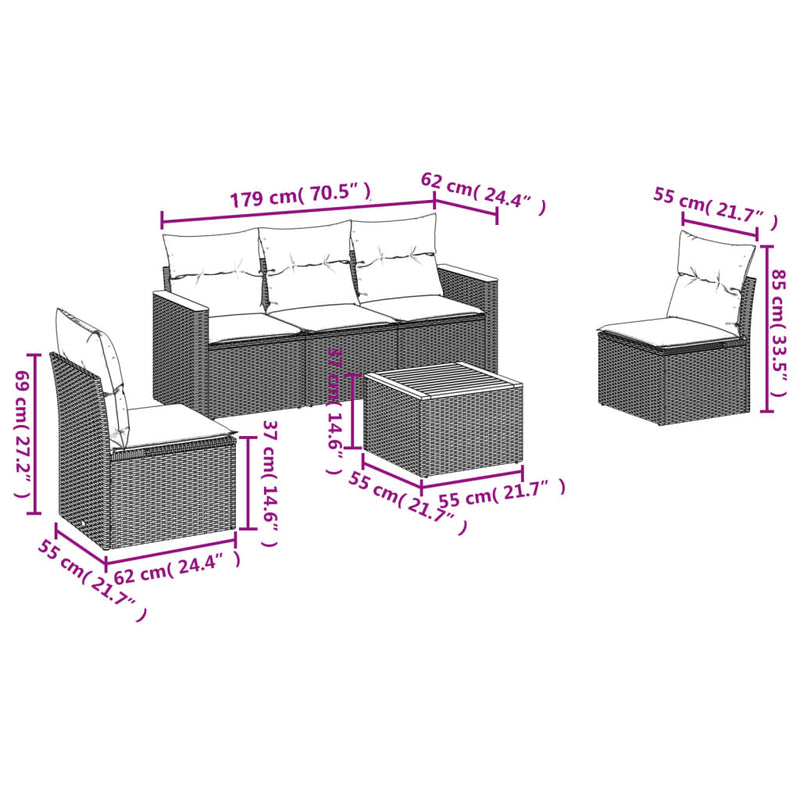 vidaXL 6 Piece Garden Sofa Set with Cushions Grey Poly Rattan