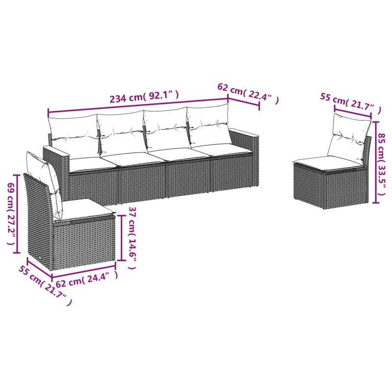 vidaXL 6 Piece Garden Sofa Set with Cushions Grey Poly Rattan