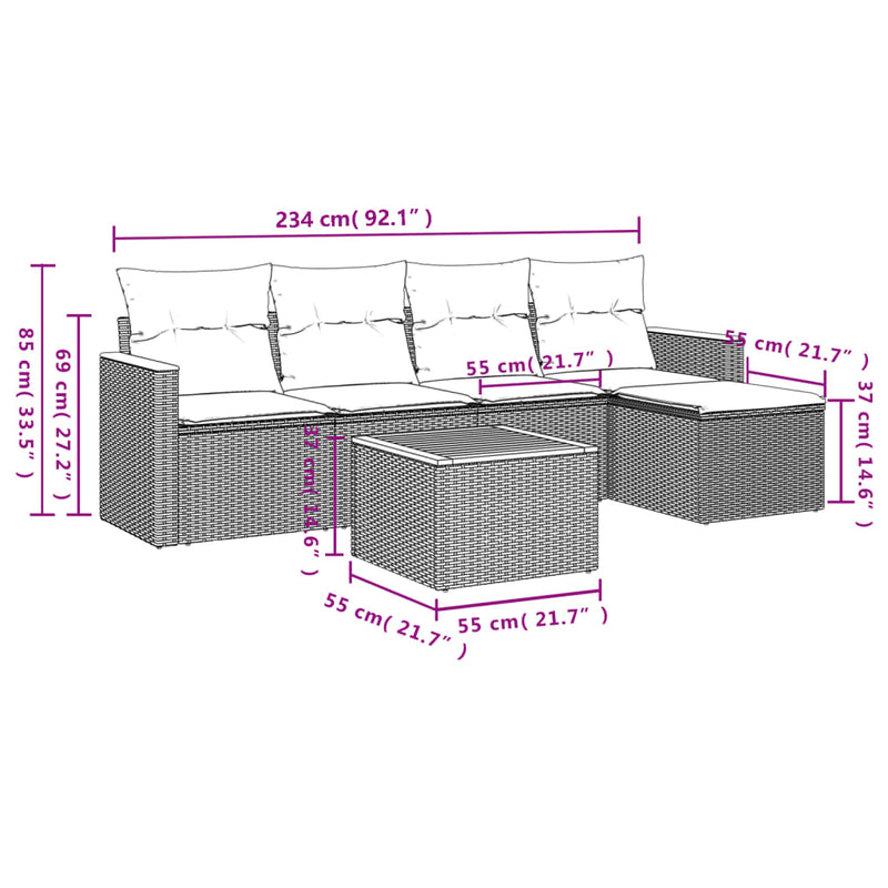 vidaXL 6 Piece Garden Sofa Set with Cushions Grey Poly Rattan