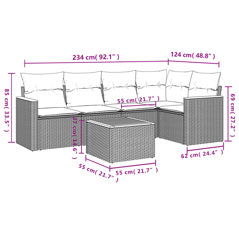vidaXL 6 Piece Garden Sofa Set with Cushions Black Poly Rattan