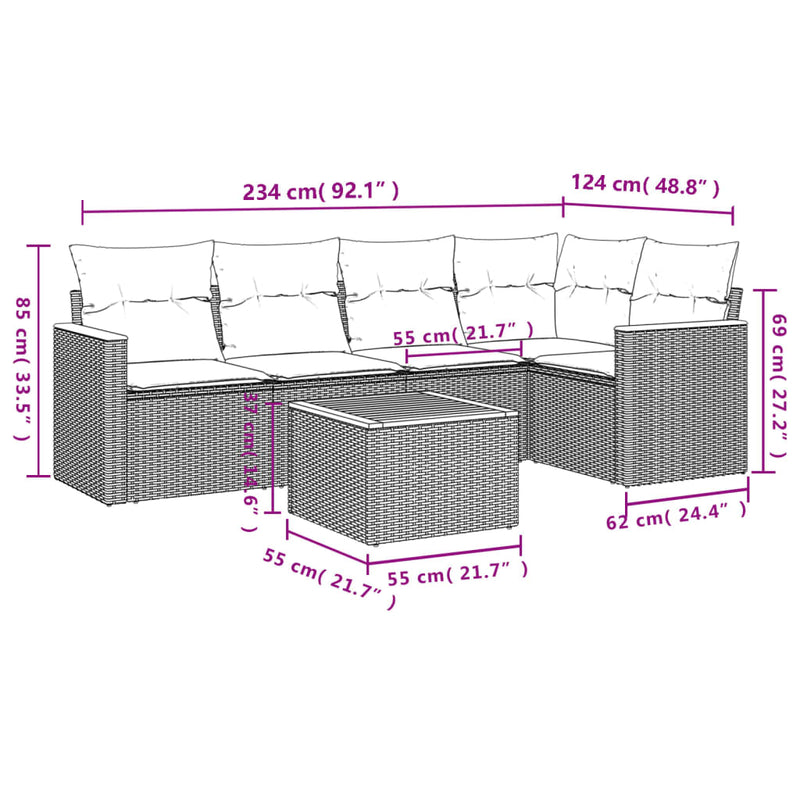 vidaXL 6 Piece Garden Sofa Set with Cushions Grey Poly Rattan