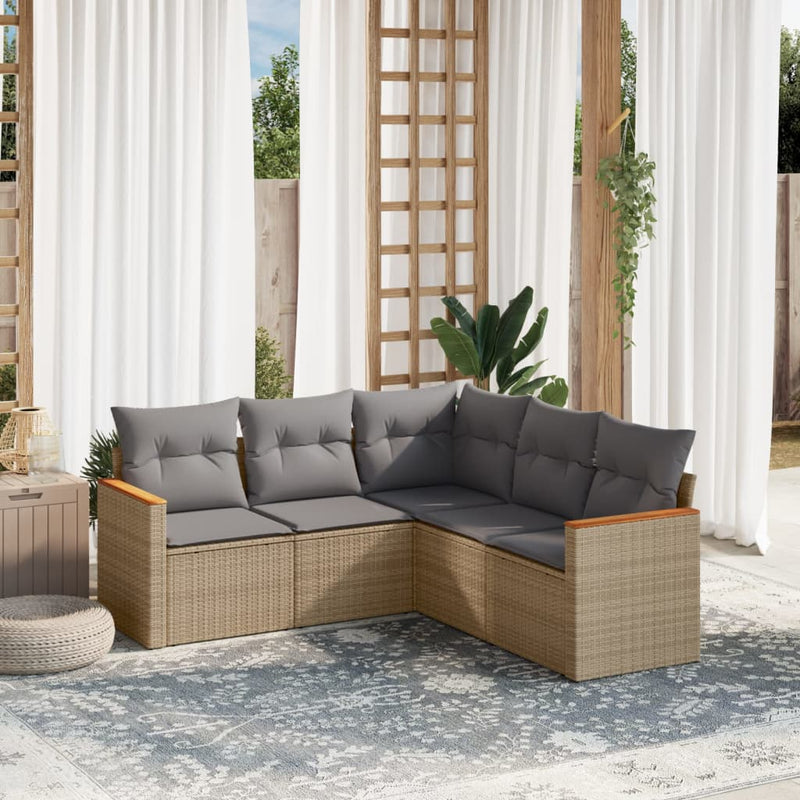 5 Piece Garden Sofa Set with Cushions Mix Beige Poly Rattan