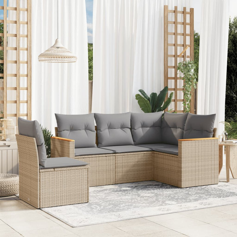 5 Piece Garden Sofa Set with Cushions Mix Beige Poly Rattan