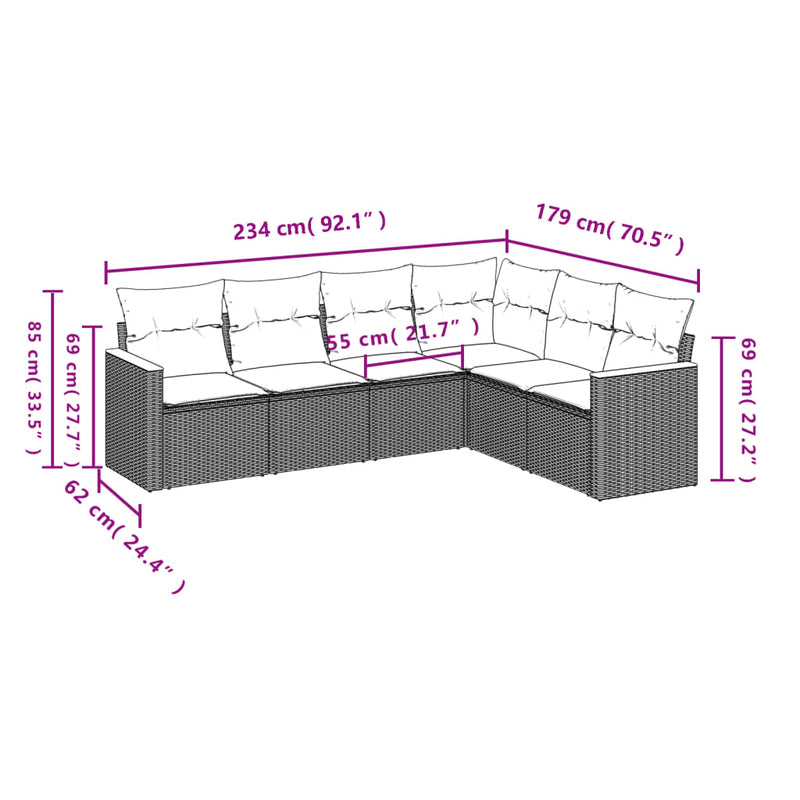 vidaXL 6 Piece Garden Sofa Set with Cushions Black Poly Rattan