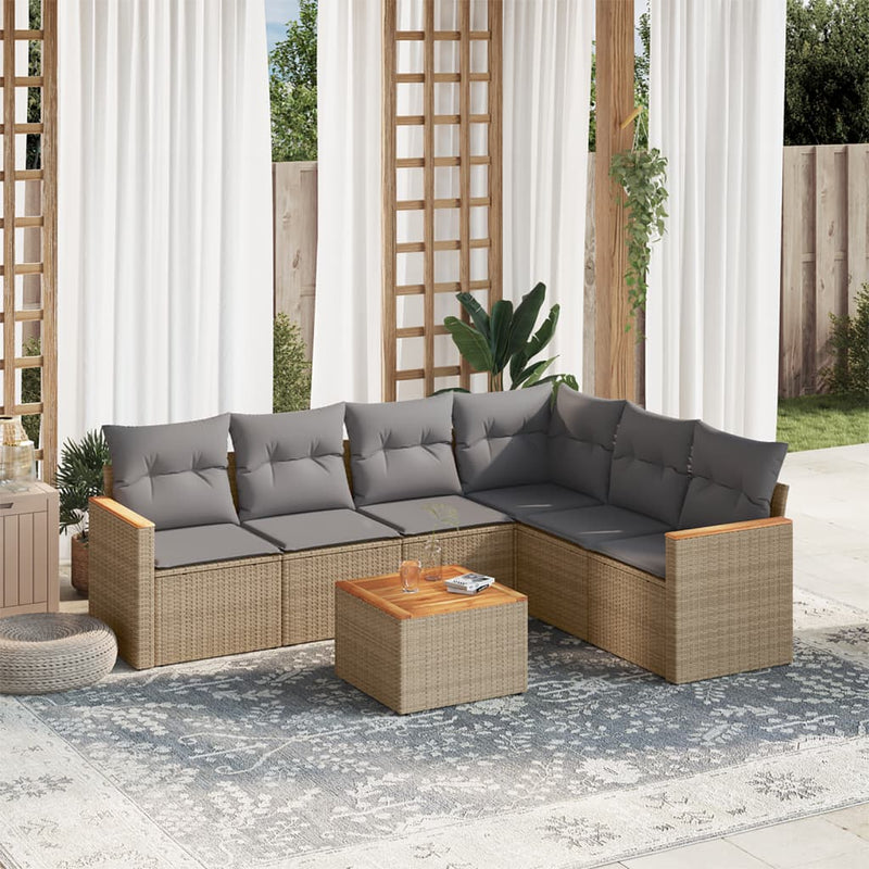 7 Piece Garden Sofa Set with Cushions Mix Beige Poly Rattan