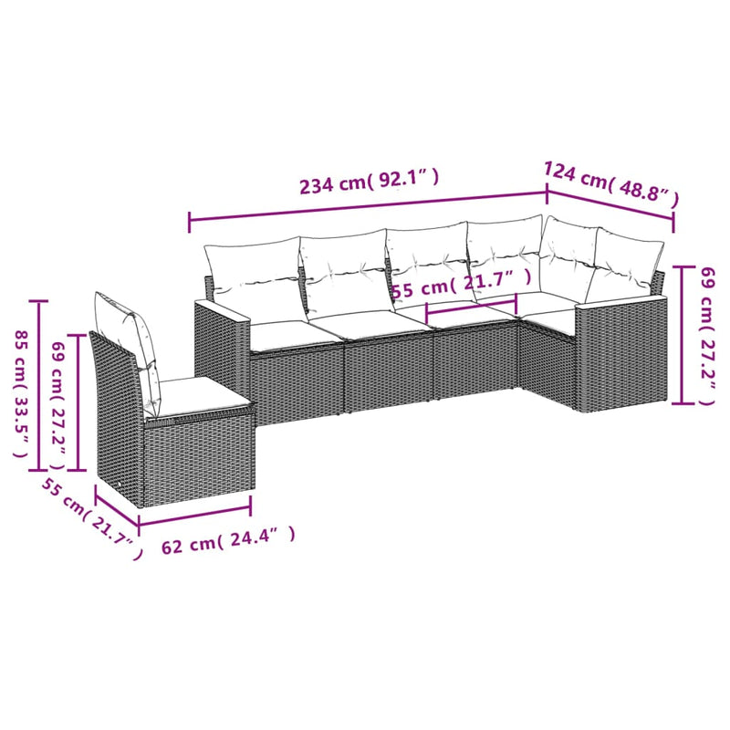 vidaXL 6 Piece Garden Sofa Set with Cushions Grey Poly Rattan