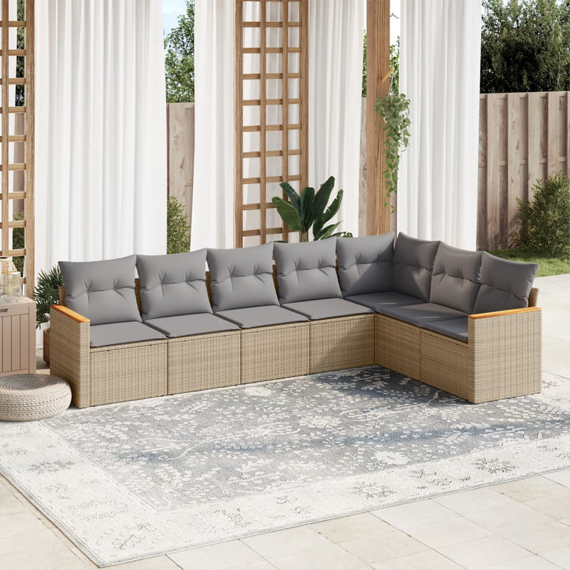 7 Piece Garden Sofa Set with Cushions Mix Beige Poly Rattan