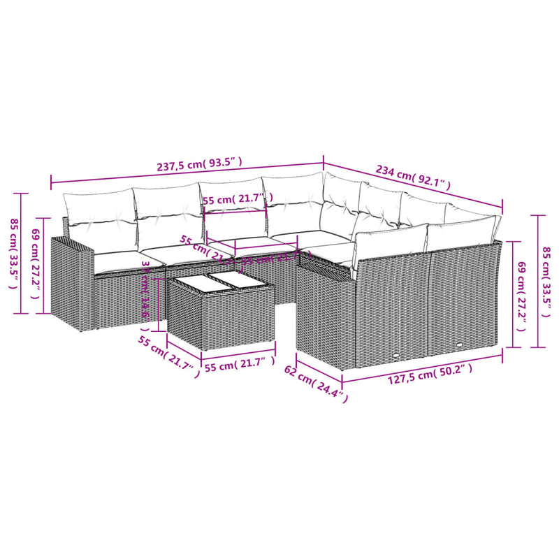 vidaXL 9 Piece Garden Sofa Set with Cushions Grey Poly Rattan