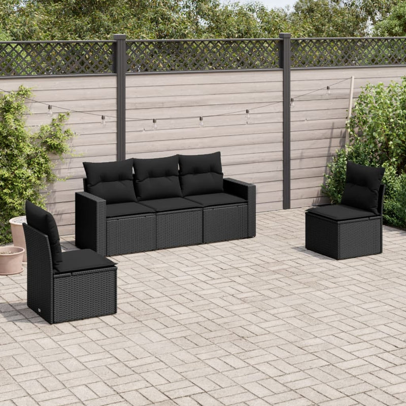 vidaXL 5 Piece Garden Sofa Set with Cushions Black Poly Rattan